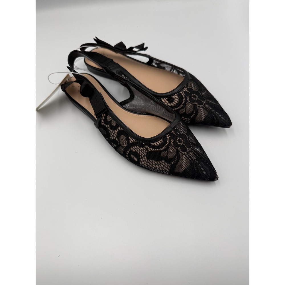 A New Day London Black Lace Floral Mesh Pointed Toe Slingback Bow Flats 6.5